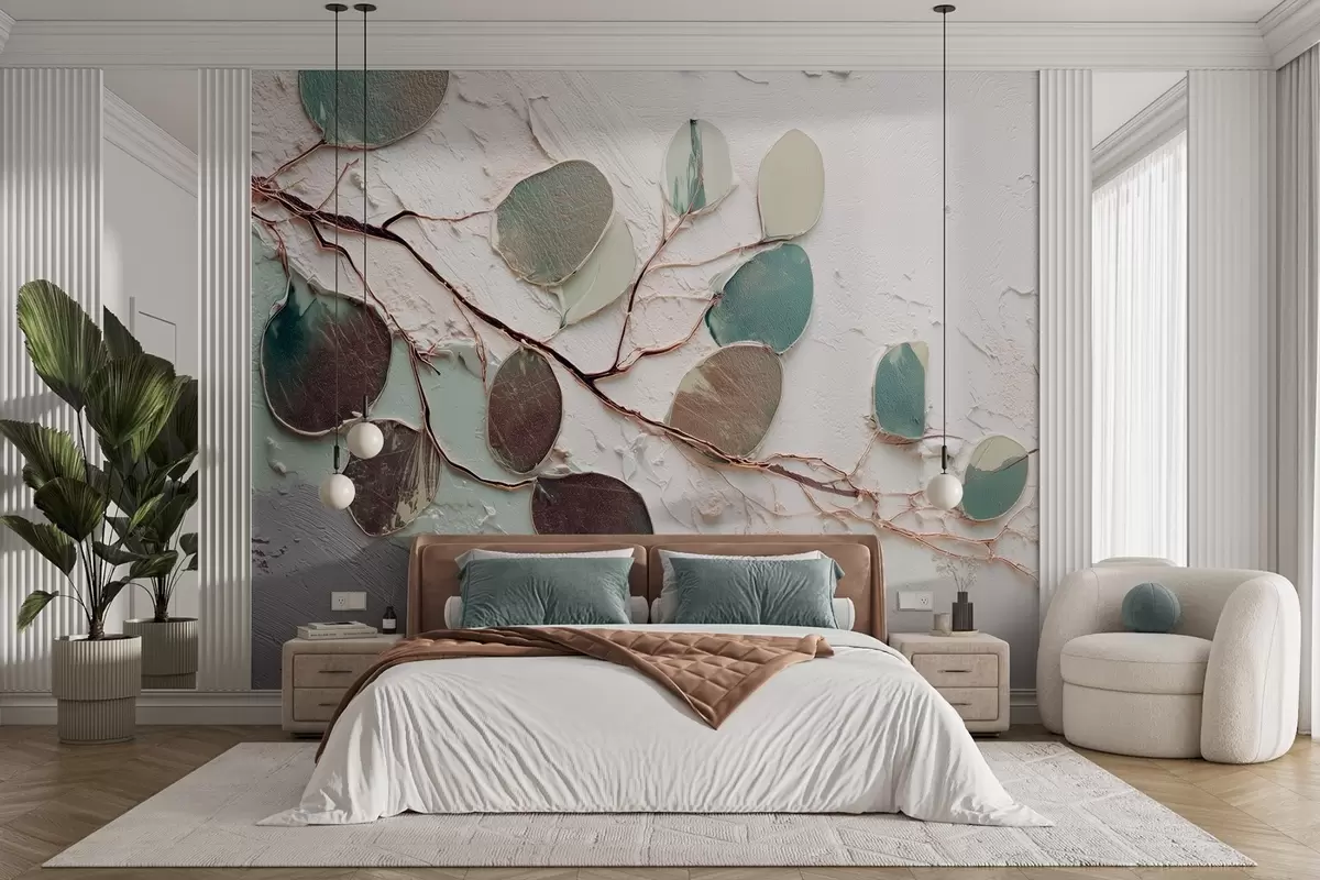 murales de pared Árbol decorativo con hojas e imitación de fondo texturado w09357
