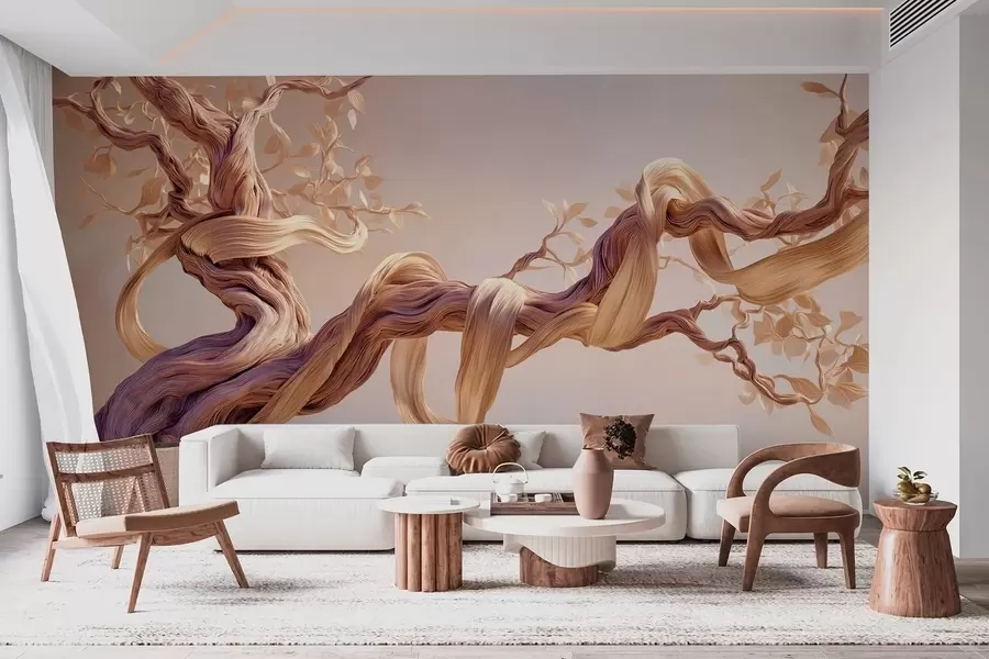 murales de pared Tronco de árbol retorcido con hojas decorativas w09360
