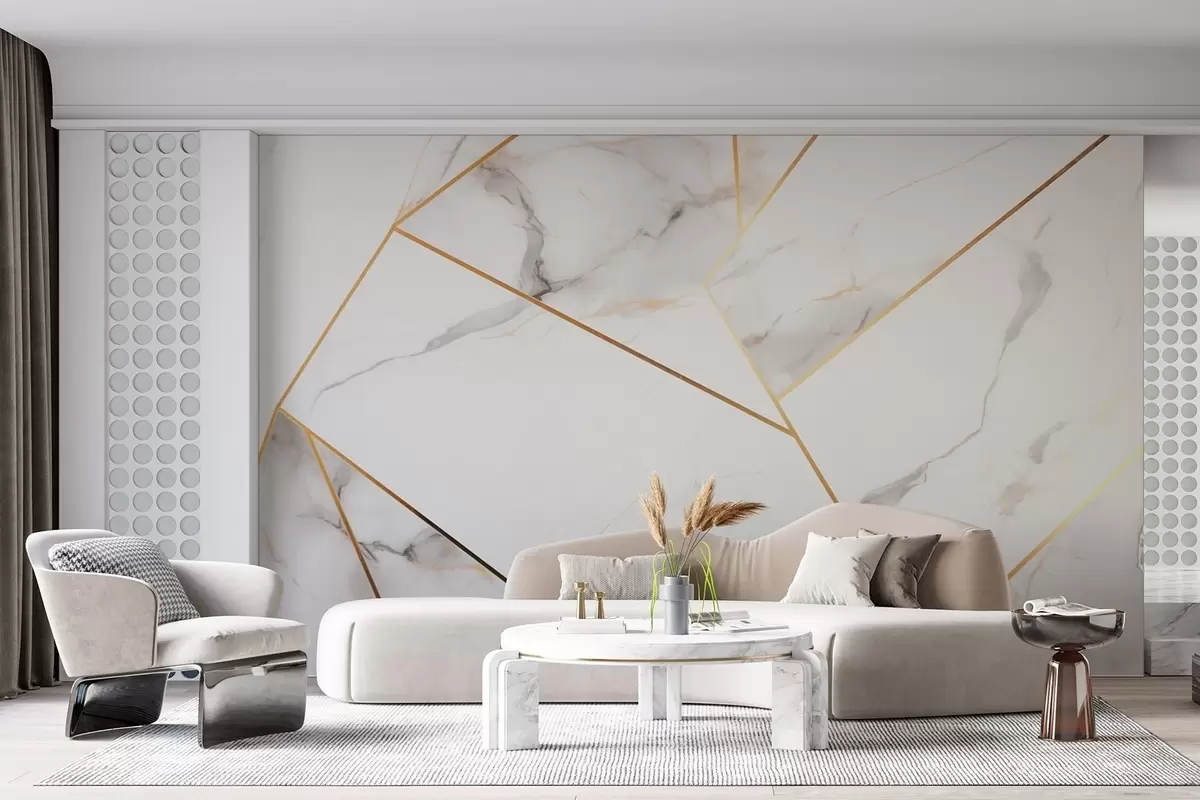 murales de pared Imitación de una superficie de mármol con un patrón geométrico amarillo w09363