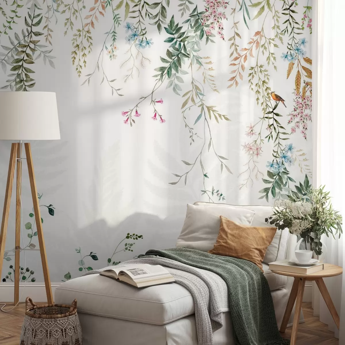 murales de pared Ilustración botánica con helechos, hierba y plantas colgantes, tonos pastel, sobre fondo blanco estilo acuarela texturizada w09364