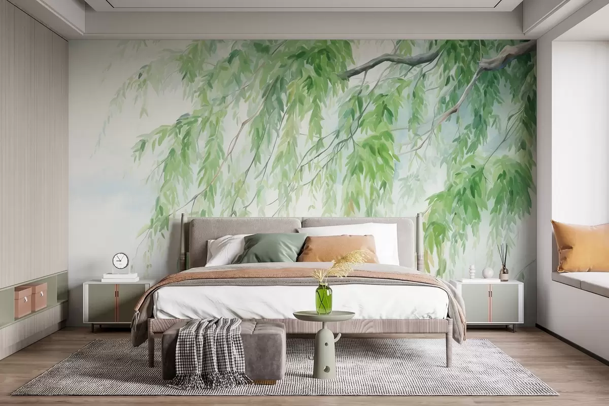 murales de pared Ramas de sauce llorón con hojas verdes colgando, pinceladas suaves y delicadas, estilo de pintura acuarela w09365