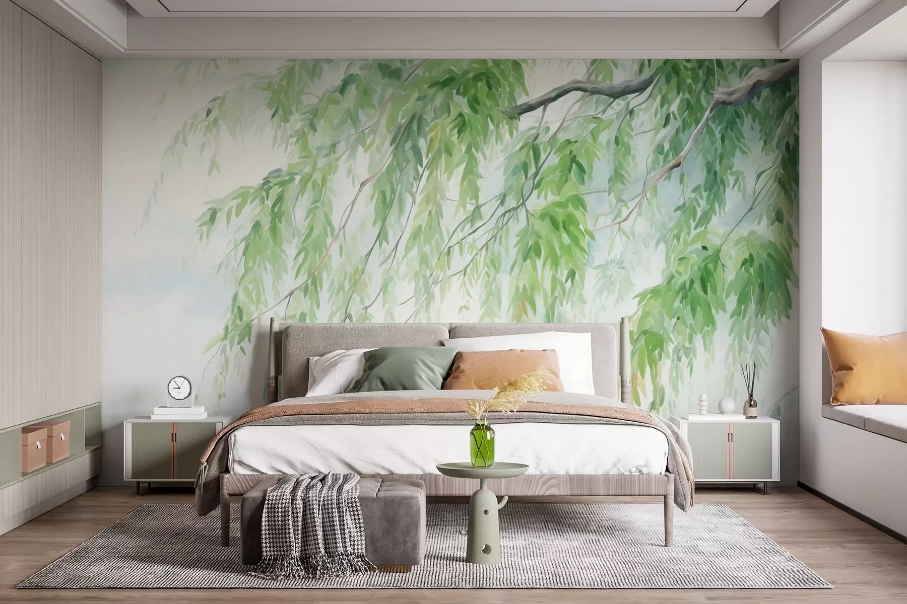 murales de pared Ramas de sauce llorón con hojas verdes colgando, pinceladas suaves y delicadas, estilo de pintura acuarela w09365