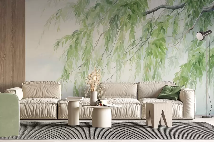 murales de pared Ramas de sauce llorón con hojas verdes colgando, pinceladas suaves y delicadas, estilo de pintura acuarela w09365