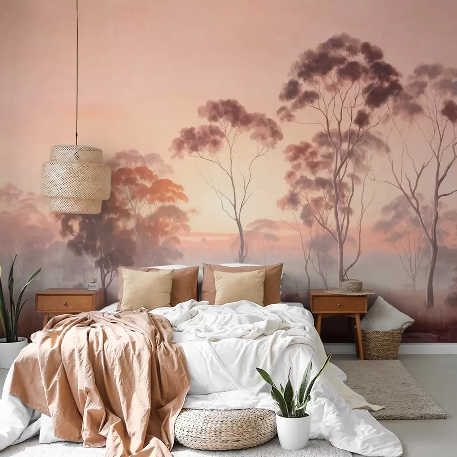 murales de pared Un paisaje con eucaliptos en un campo con cielo rosa pastel y naranja, una ligera niebla, pintura estilo texturizado w09367