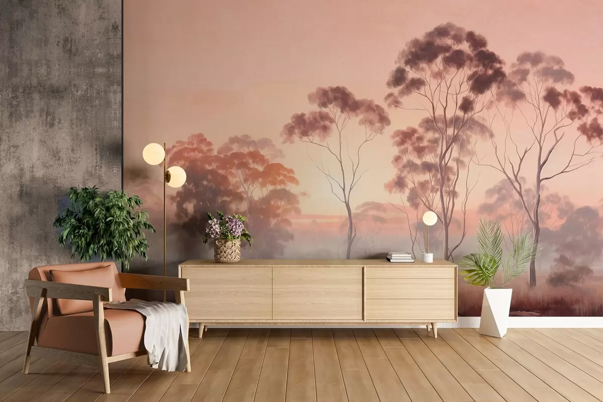 murales de pared Un paisaje con eucaliptos en un campo con cielo rosa pastel y naranja, una ligera niebla, pintura estilo texturizado w09367