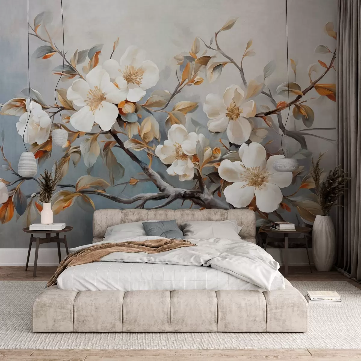 murales de pared Flores blancas con pistilos amarillos en una rama de árbol con hojas, fondo claro, estilo de pintura vintage, impresión texturizada w09368