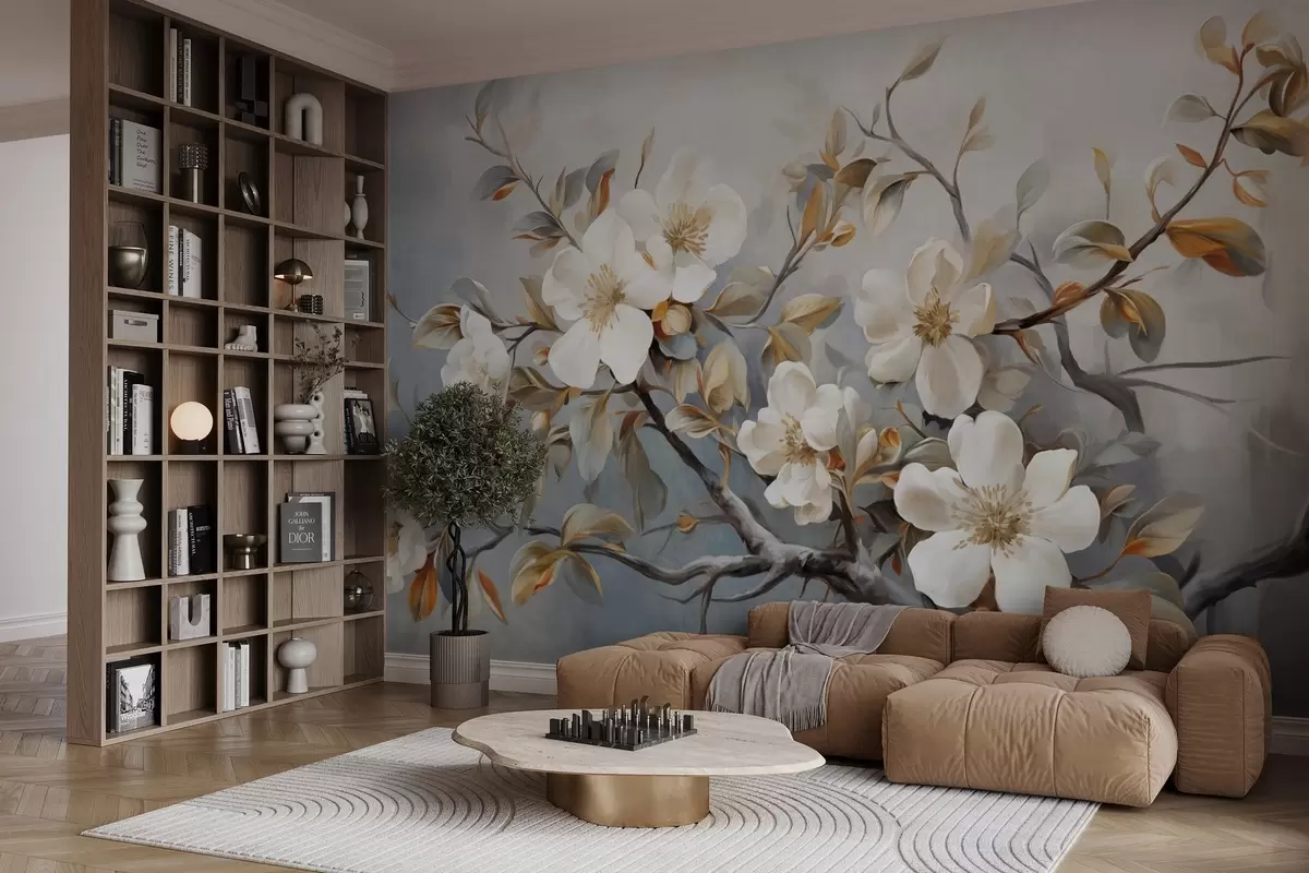 murales de pared Flores blancas con pistilos amarillos en una rama de árbol con hojas, fondo claro, estilo de pintura vintage, impresión texturizada w09368