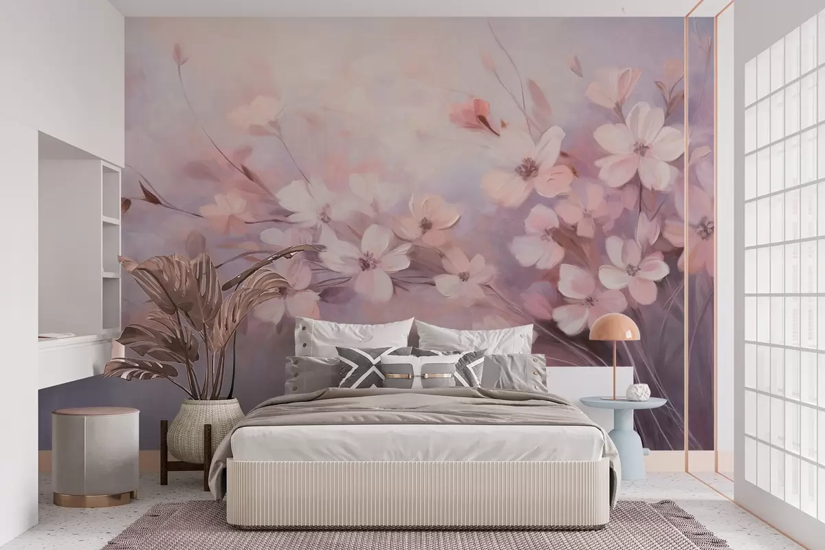 murales de pared Un arreglo floral con delicadas flores de bordes suaves y difuminados, sobre un fondo pastel de tonos lavanda y rosa claro w09369