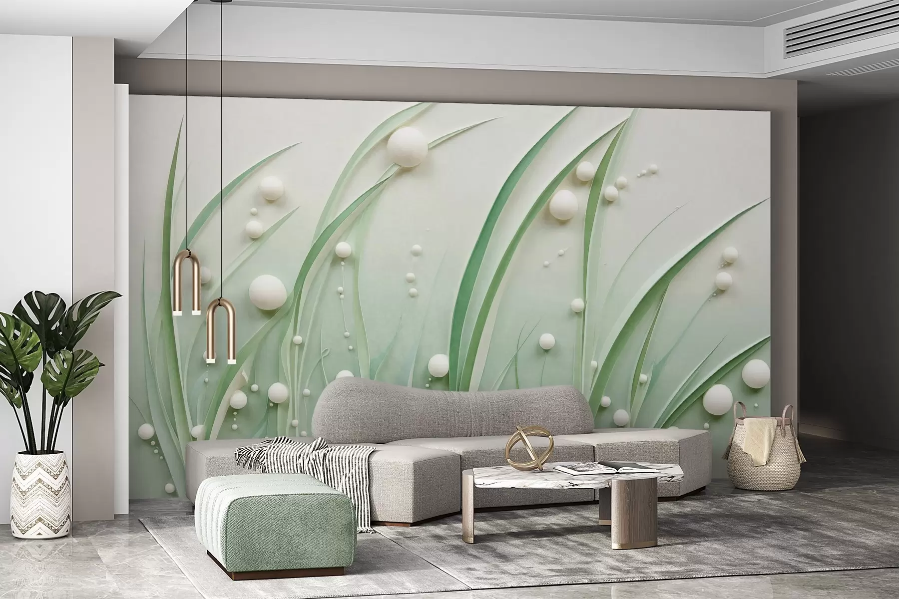 murales de pared Hierba verde abstracta con esferas blancas, fondo verde claro, texturizado, líneas limpias, estilo minimalista w09382