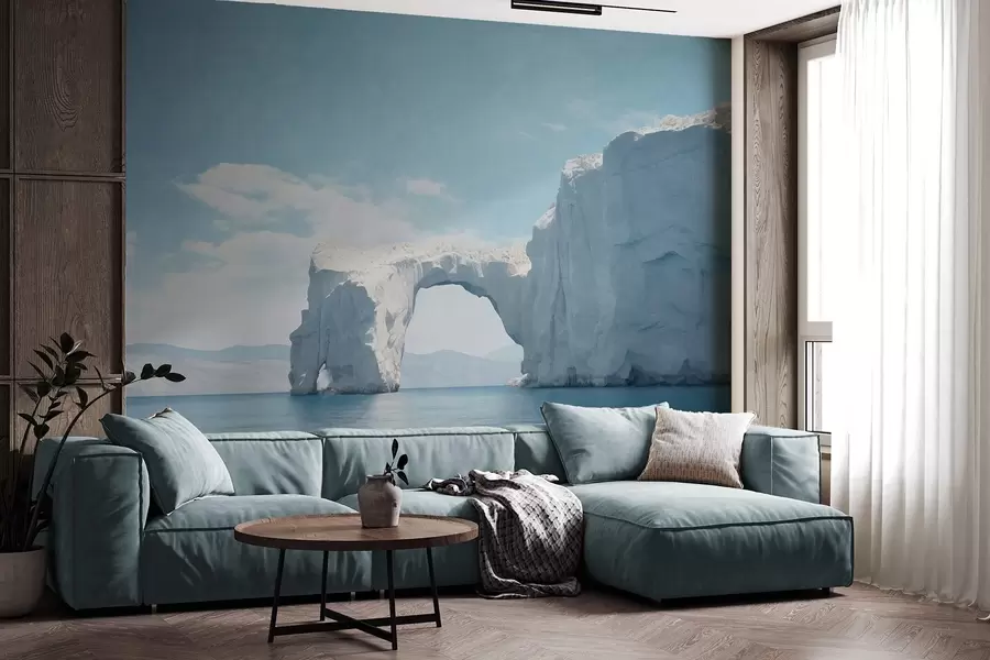 murales de pared Paisaje con puente de hielo natural sobre el océano , cielo azul claro con algunas nubes, impresión texturizada w09383