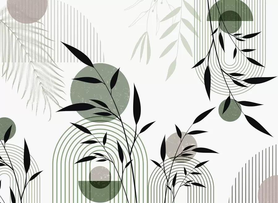 murales de pared Estampado abstracto texturizado con formas geométricas, círculos y arcos y plantas negras y verdes sobre fondo blanco w09384