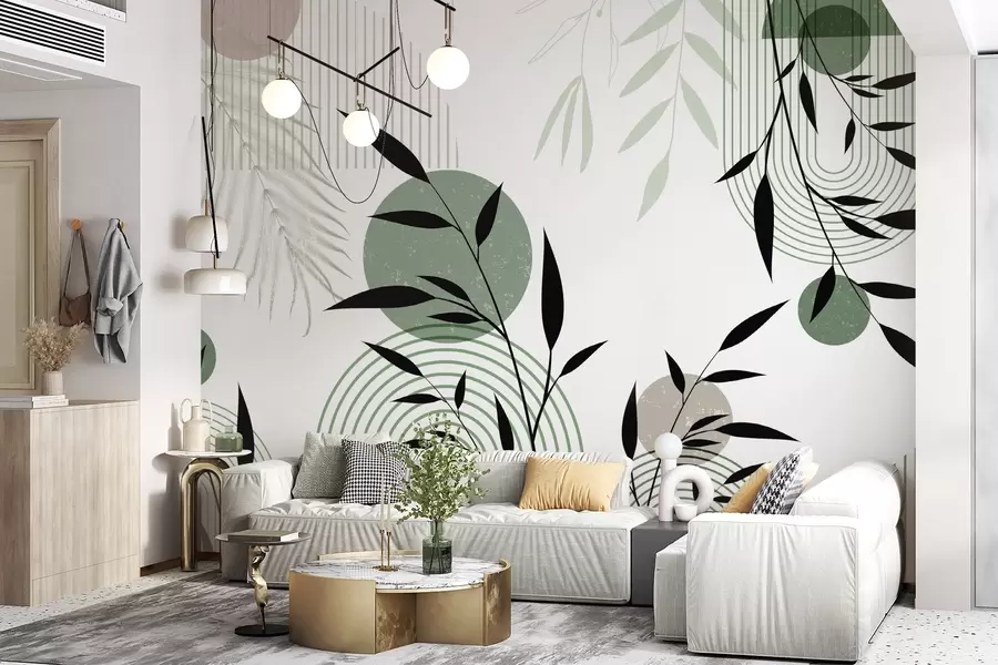 murales de pared Estampado abstracto texturizado con formas geométricas, círculos y arcos y plantas negras y verdes sobre fondo blanco w09384