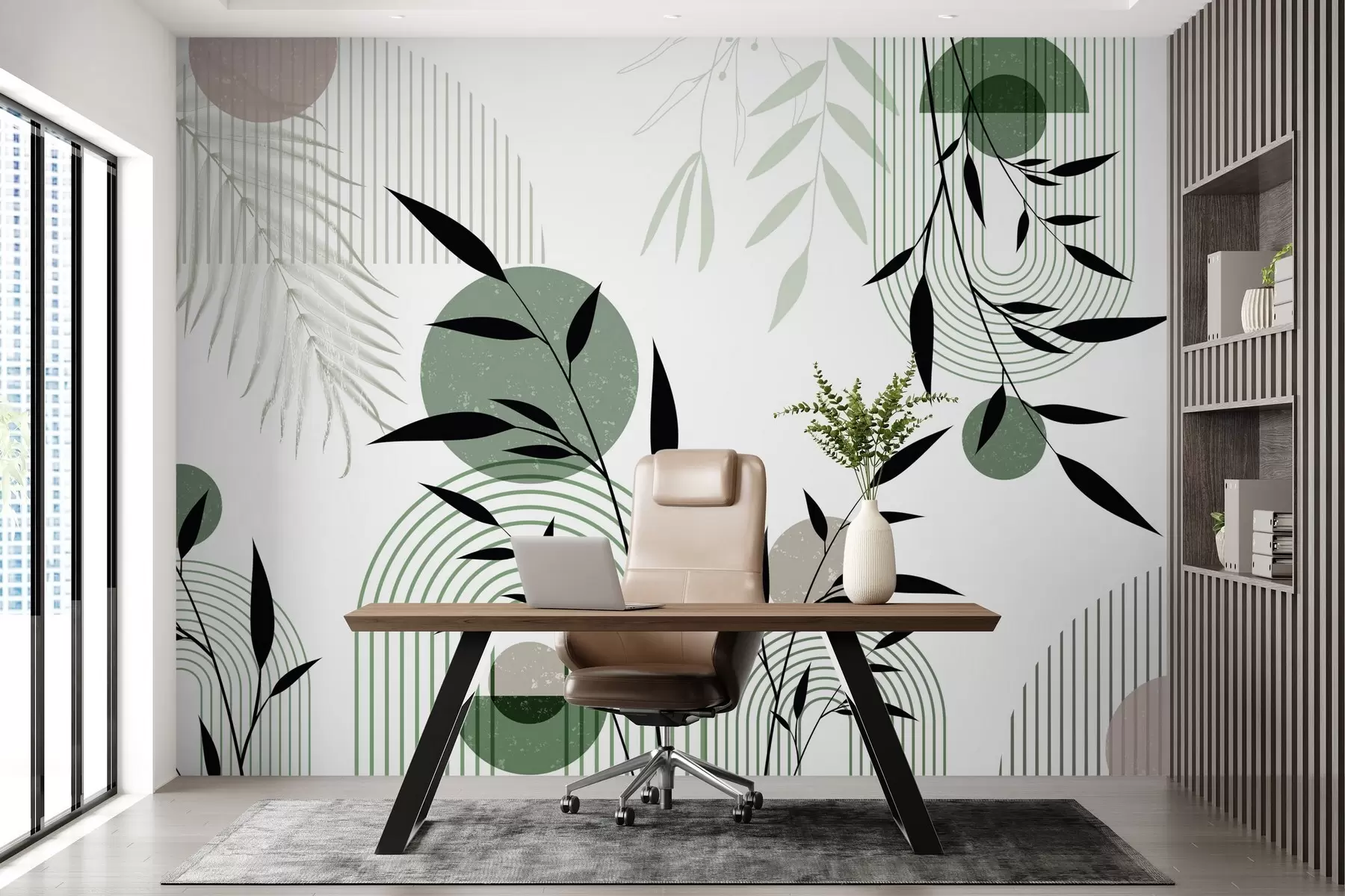 murales de pared Estampado abstracto texturizado con formas geométricas, círculos y arcos y plantas negras y verdes sobre fondo blanco w09384