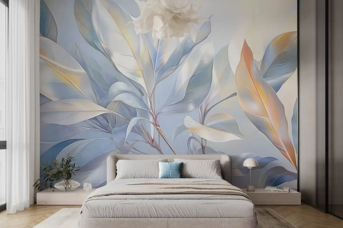 murales de pared Hojas de magnolia con tonos blancos y azules, iluminación suave, composición elegante, venas de las hojas detalladas, pinceladas artísticas w09385