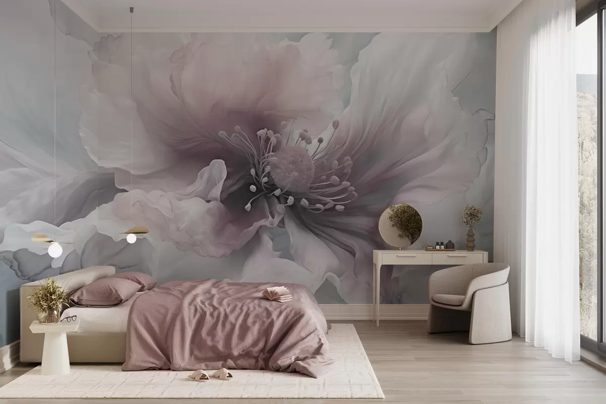 murales de pared Delicada flor con pétalos rosas y blancos w04446