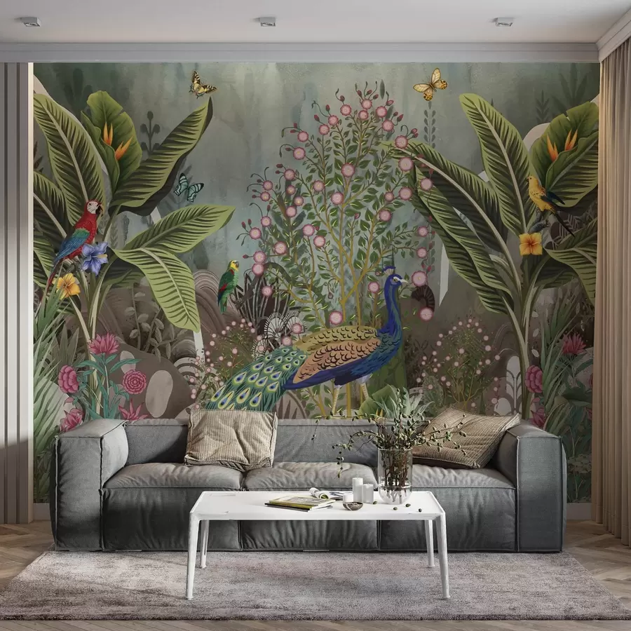 murales de pared Brillantes pájaros tropicales y pavos reales entre plantas exóticas w04457