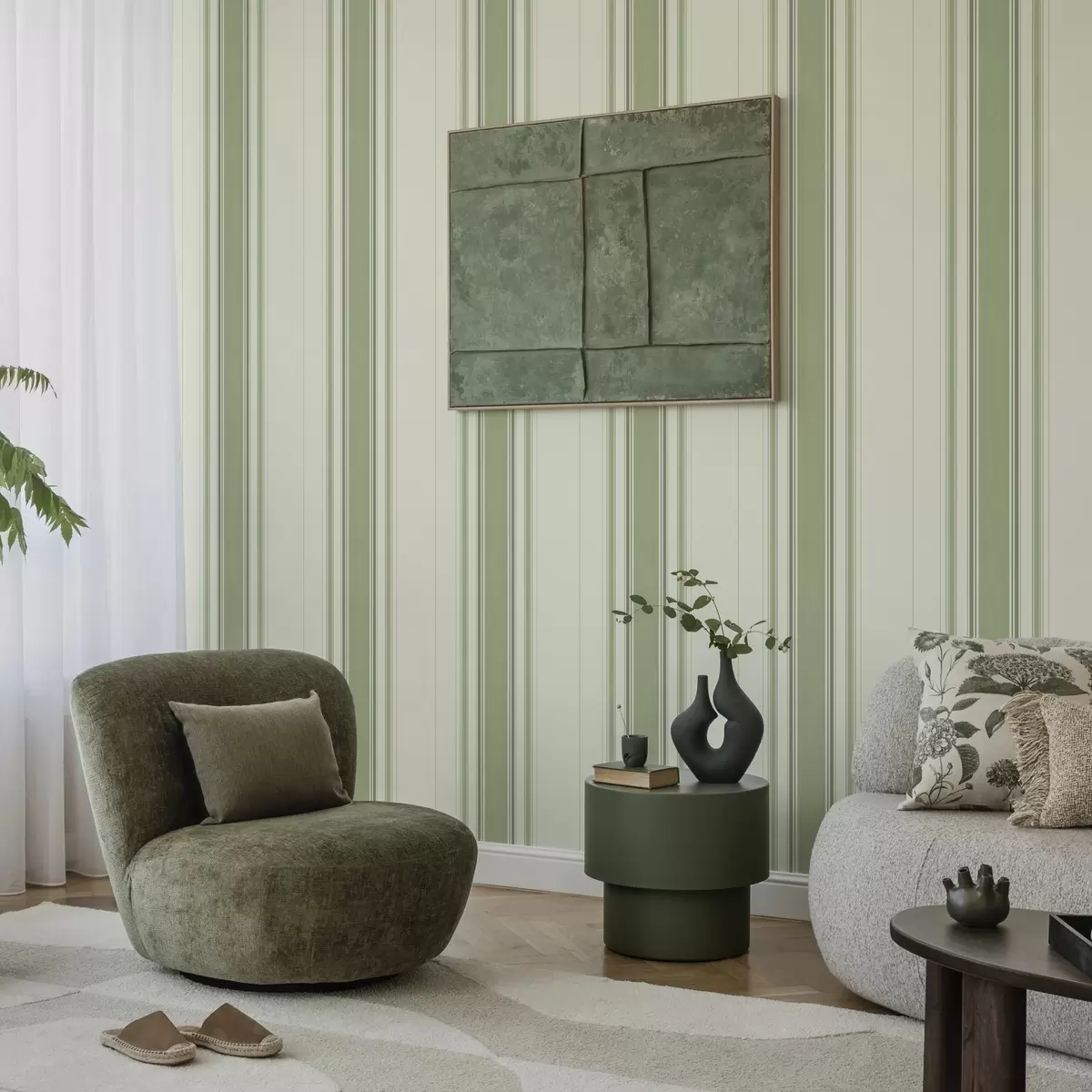 Papel pintado Fondo crema con una ancha franja central verde a00519