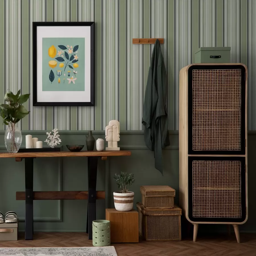 murales de pared Fondo crema con una mezcla de rayas verdes y negras a00563