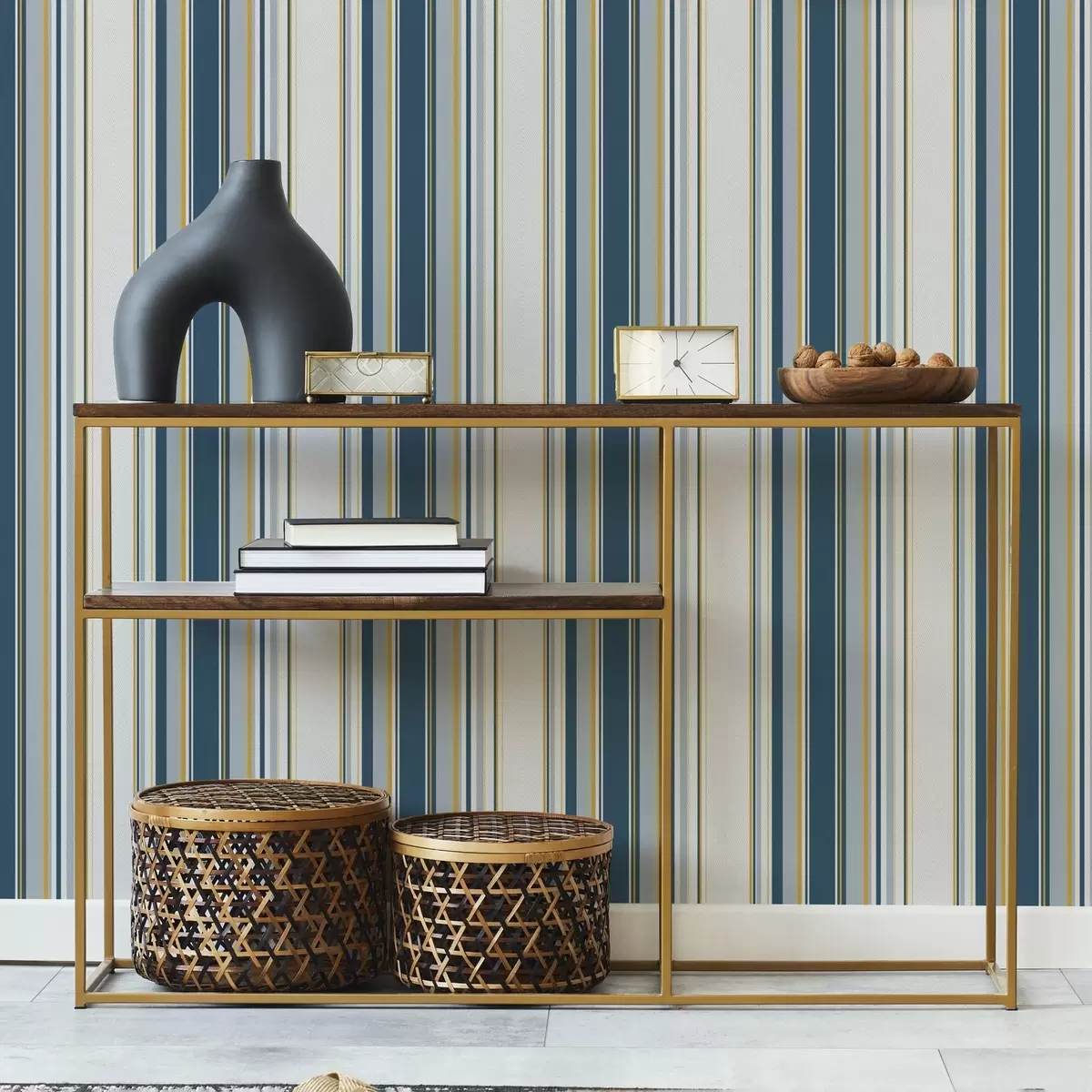 Papel pintado Rayas azules y amarillas en contraste sobre fondo blanco a00566