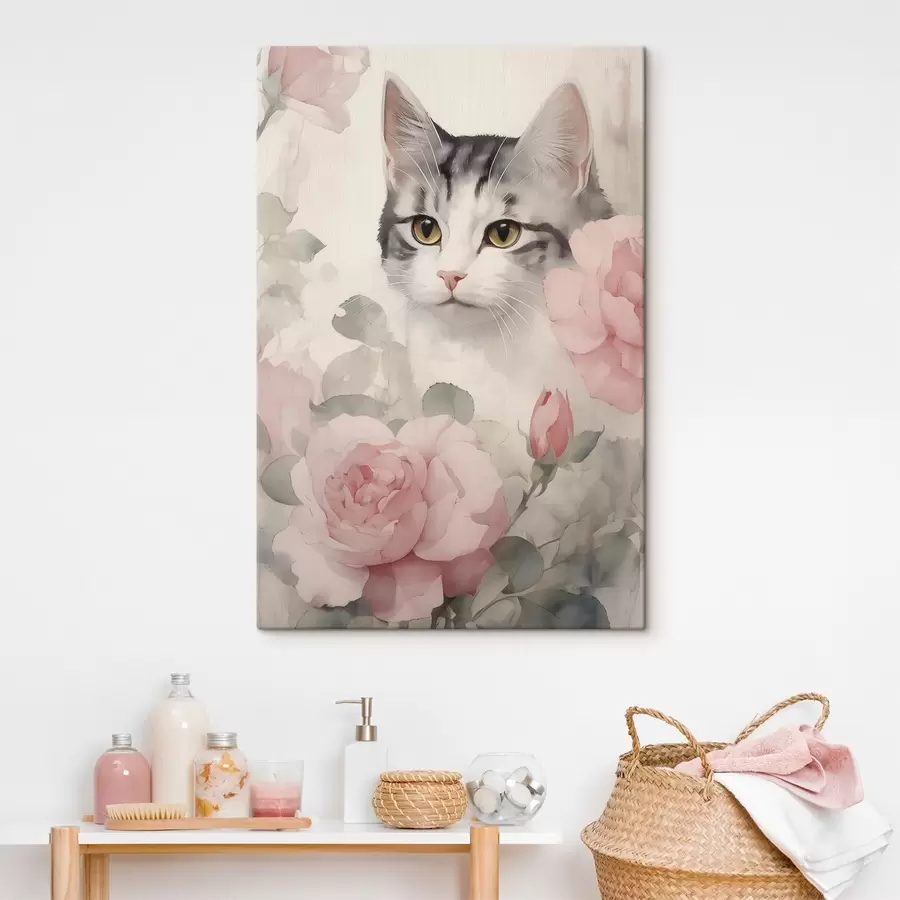 murales de pared Gato entre rosas s45673