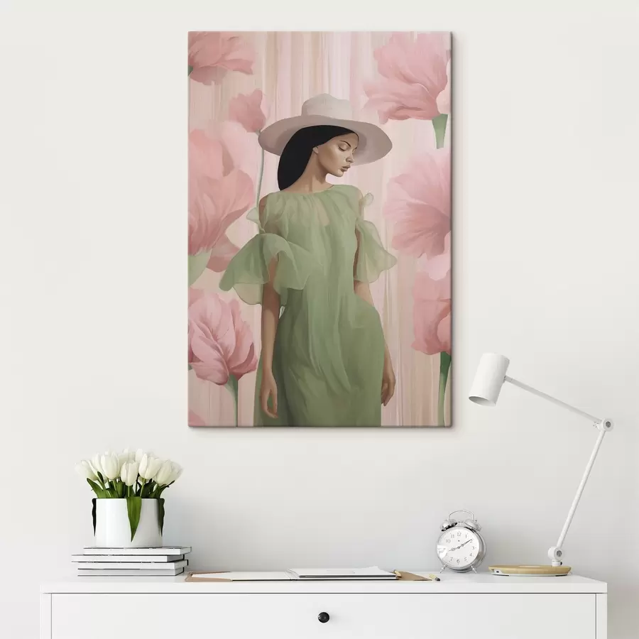 murales de pared Chica con sombrero entre flores s45678