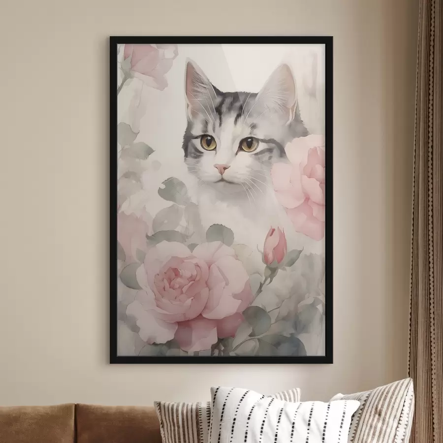murales de pared Gato entre rosas f45673