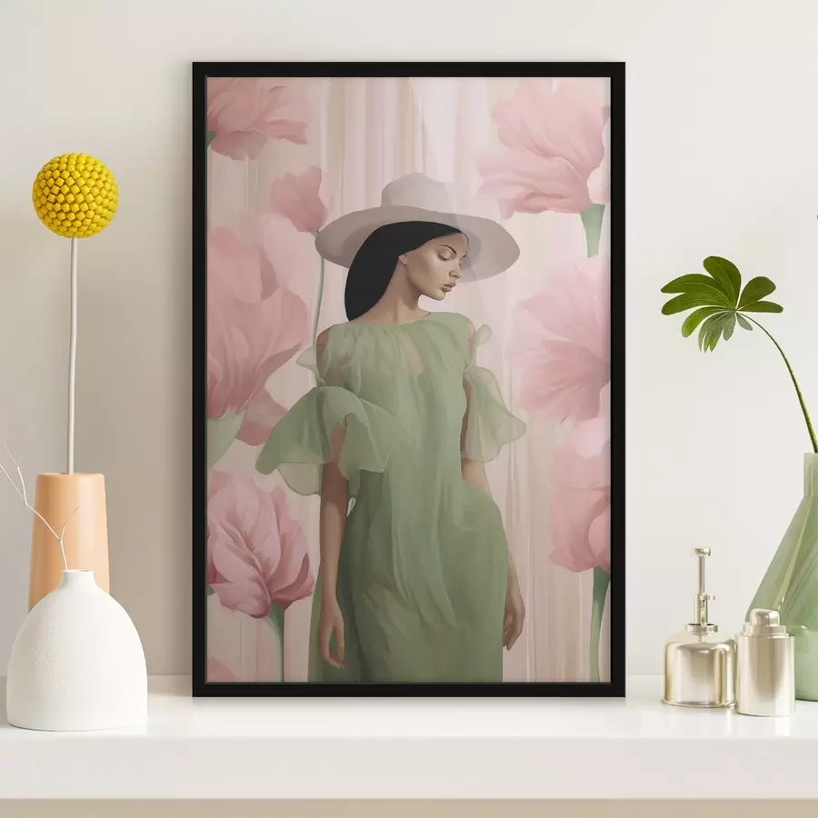 murales de pared Chica con sombrero entre flores f45678