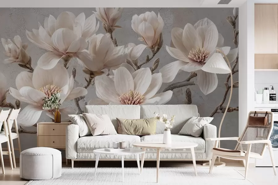 murales de pared Ramas de magnolia con grandes flores claras en tonos apagados w09305
