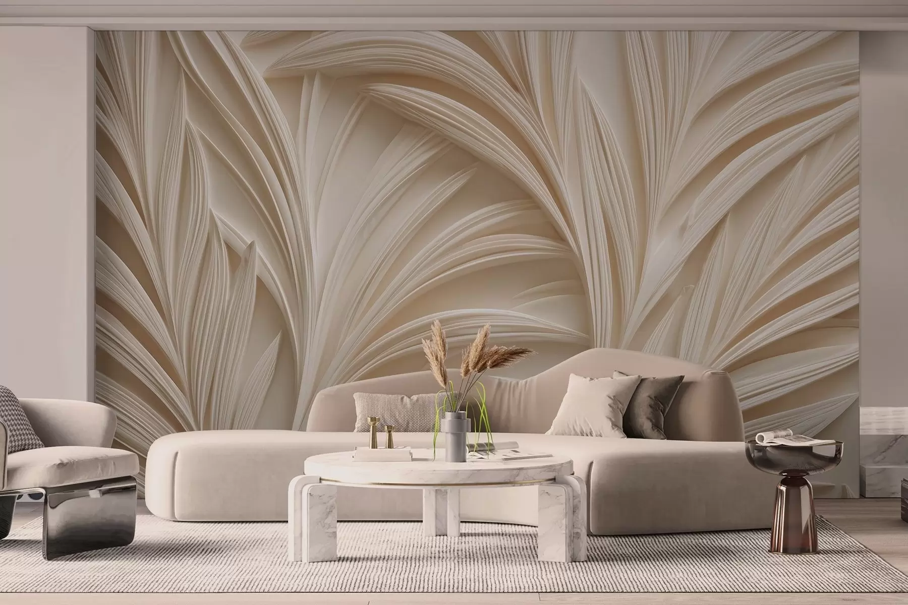 murales de pared Hojas decorativas de color beige en estilo 3D w09351