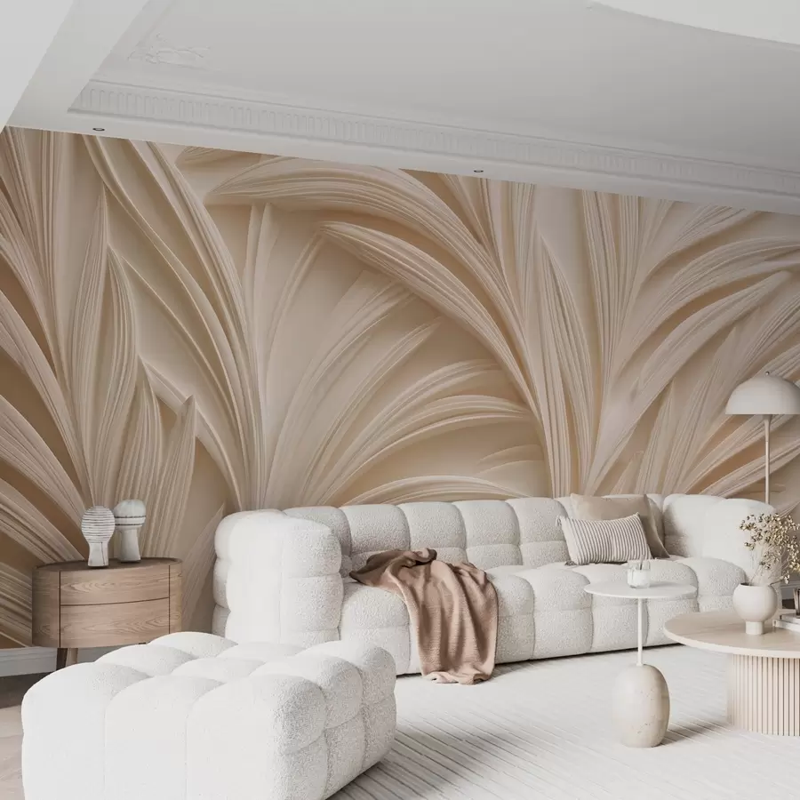 murales de pared Hojas decorativas de color beige en estilo 3D w09351