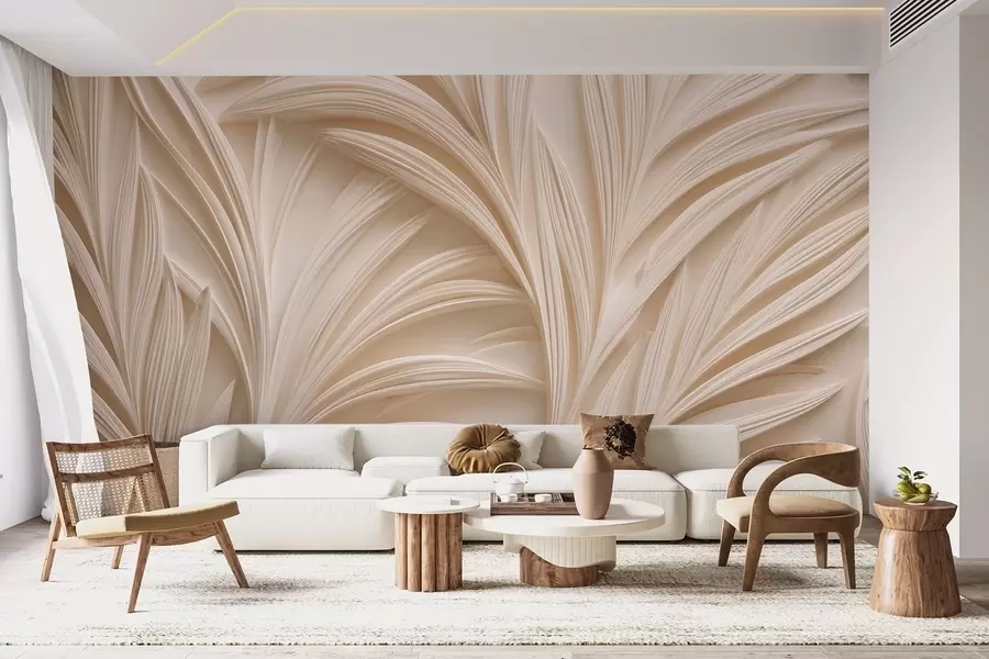 murales de pared Hojas decorativas de color beige en estilo 3D w09351