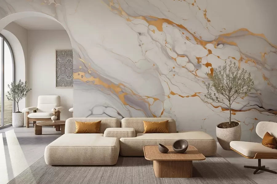 murales de pared Imitación de textura de mármol con suaves transiciones grises y acentos amarillos w09362
