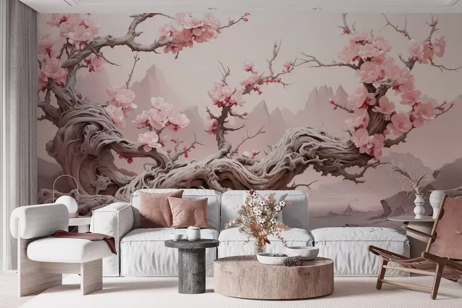 murales de pared Tronco de árbol retorcido con sakura rosa en flor w09388