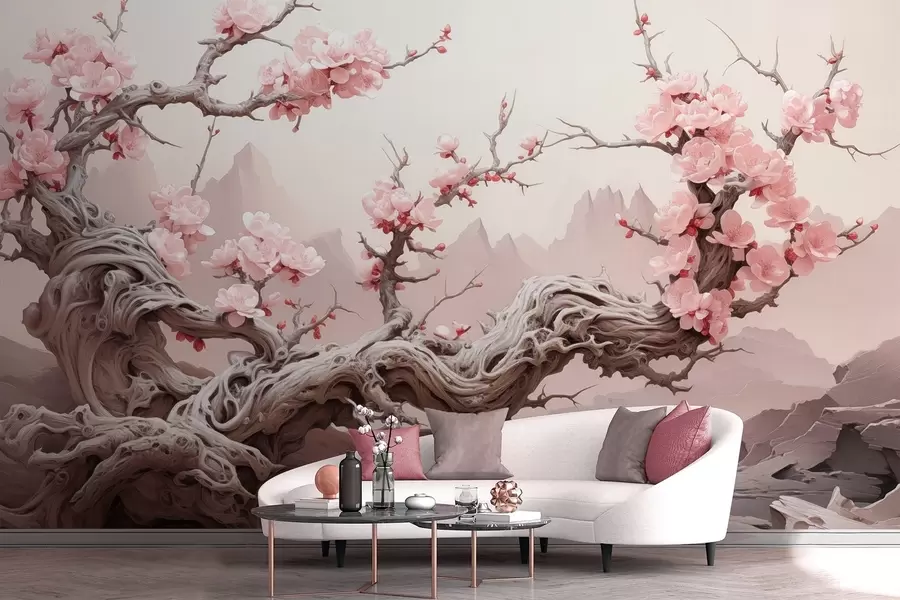 murales de pared Tronco de árbol retorcido con sakura rosa en flor w09388