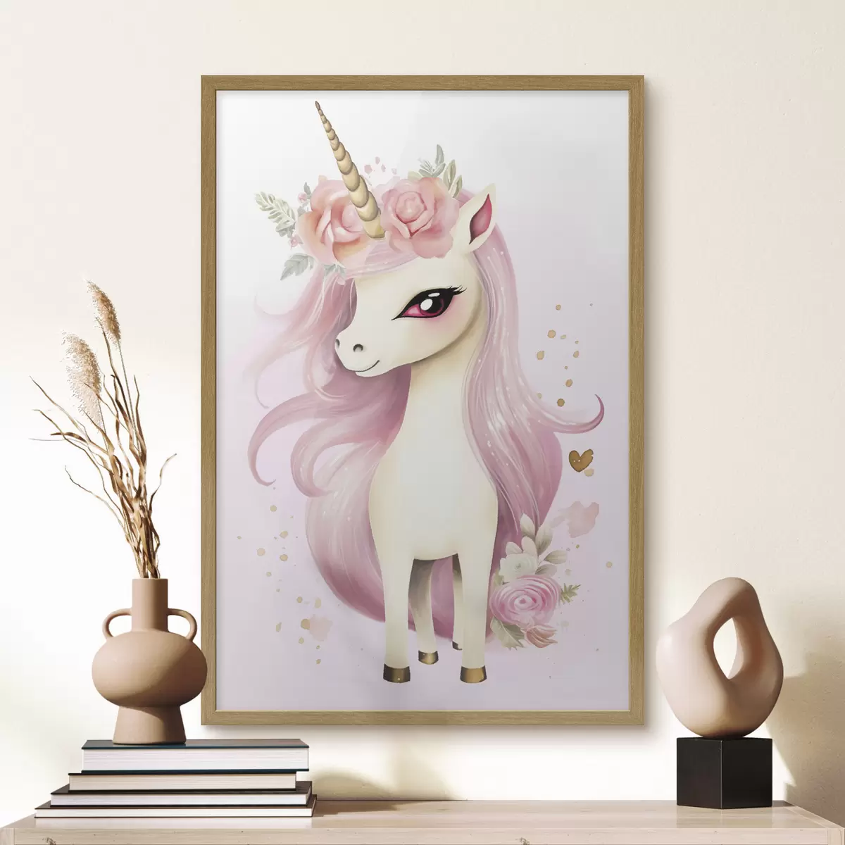 Poster Unicornio con crin rosa y corona floral f45484