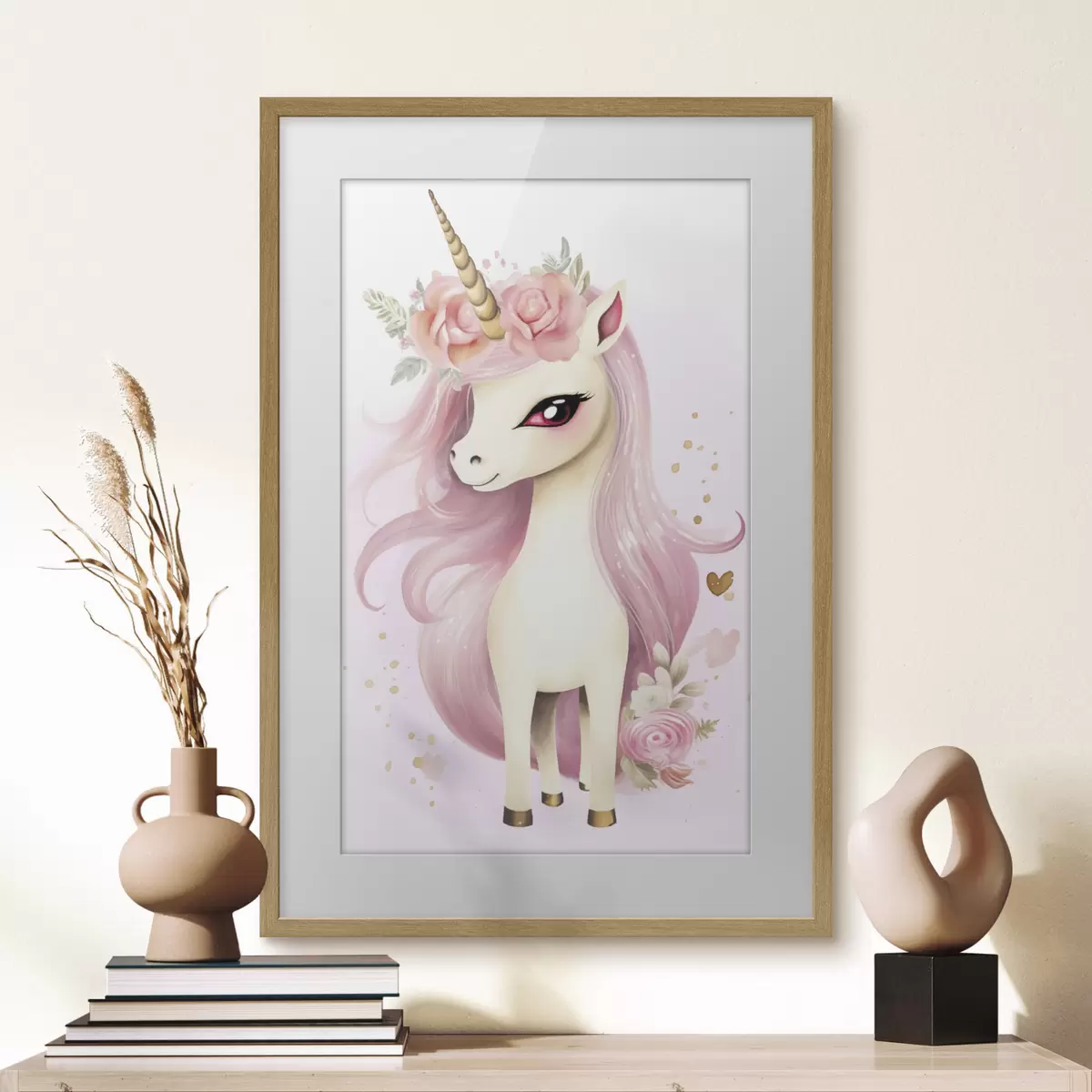 Poster Unicornio con crin rosa y corona floral f45484