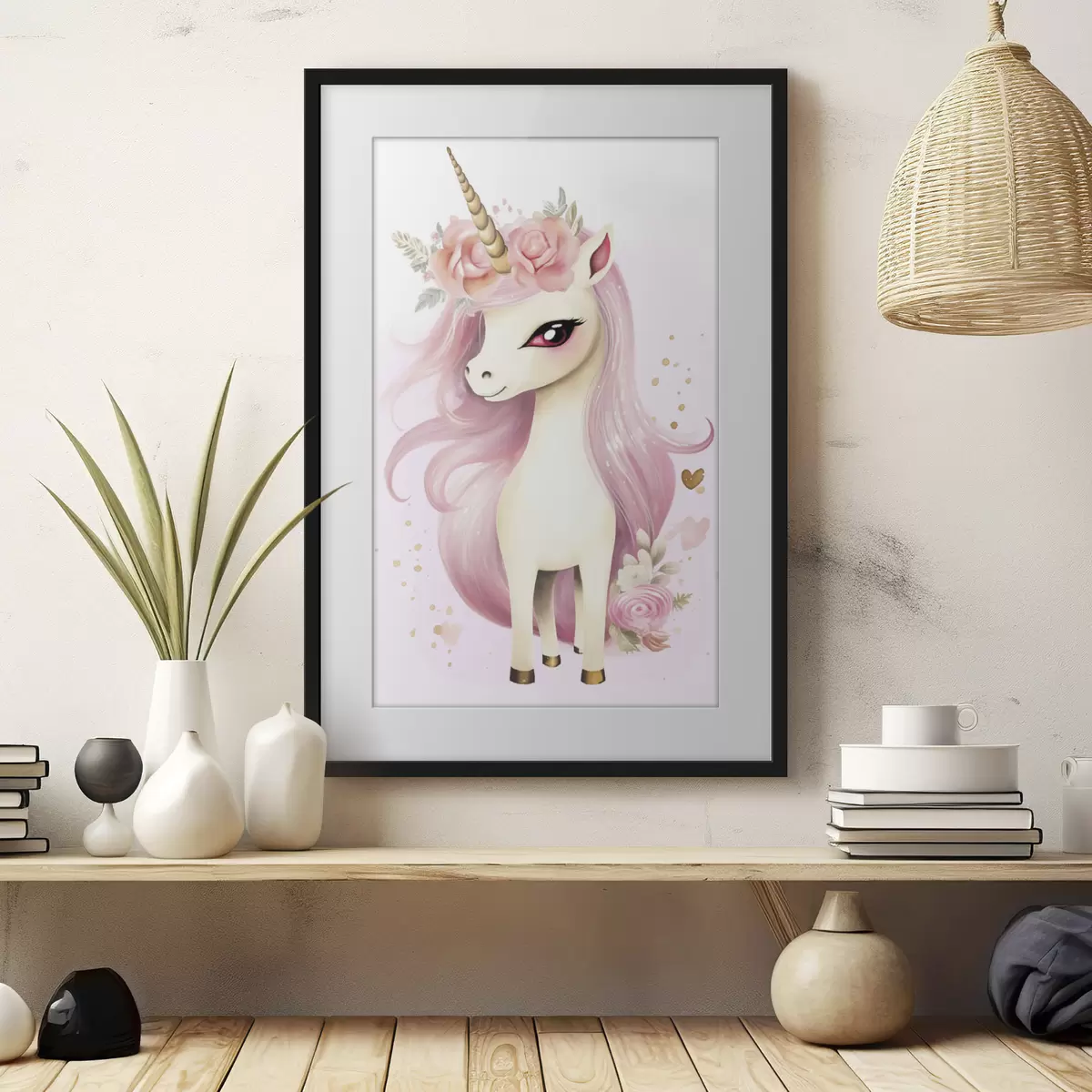 Poster Unicornio con crin rosa y corona floral f45484