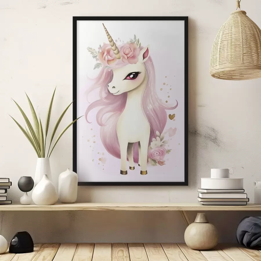 murales de pared Unicornio con crin rosa y corona floral f45484