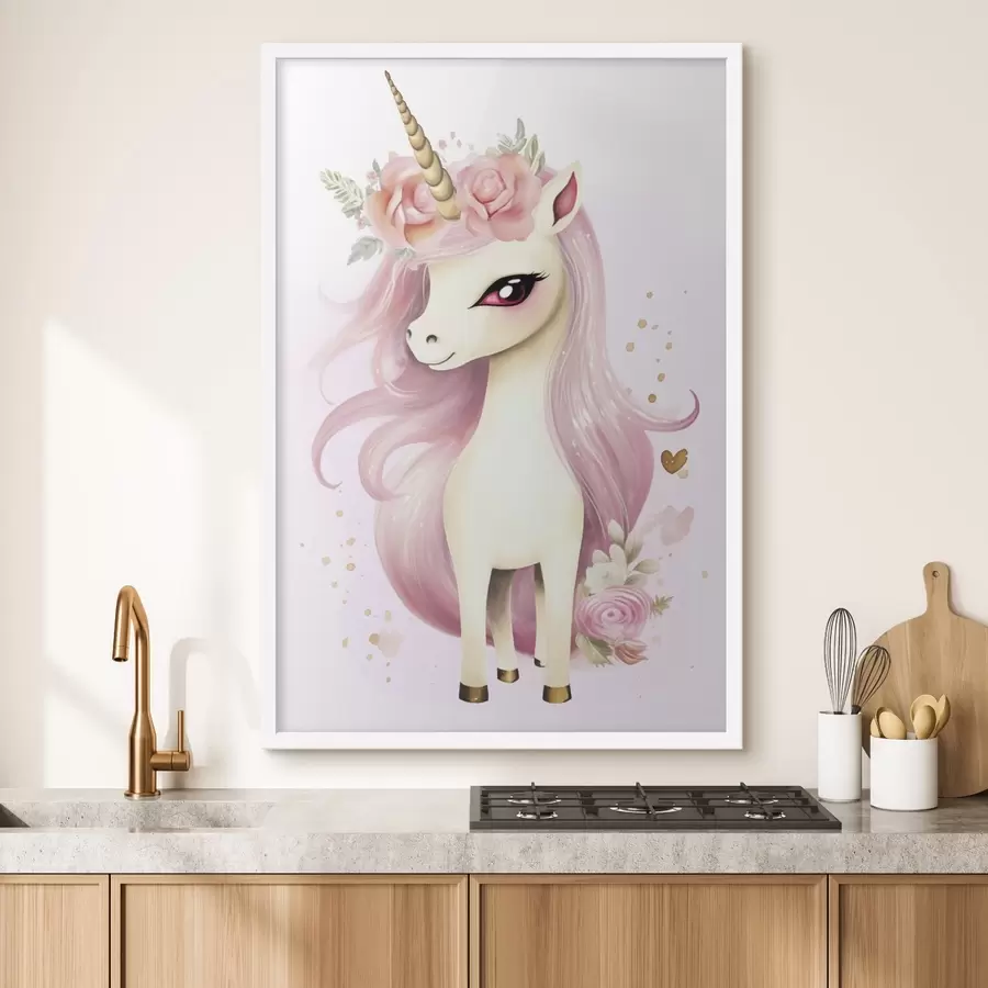 murales de pared Unicornio con crin rosa y corona floral f45484