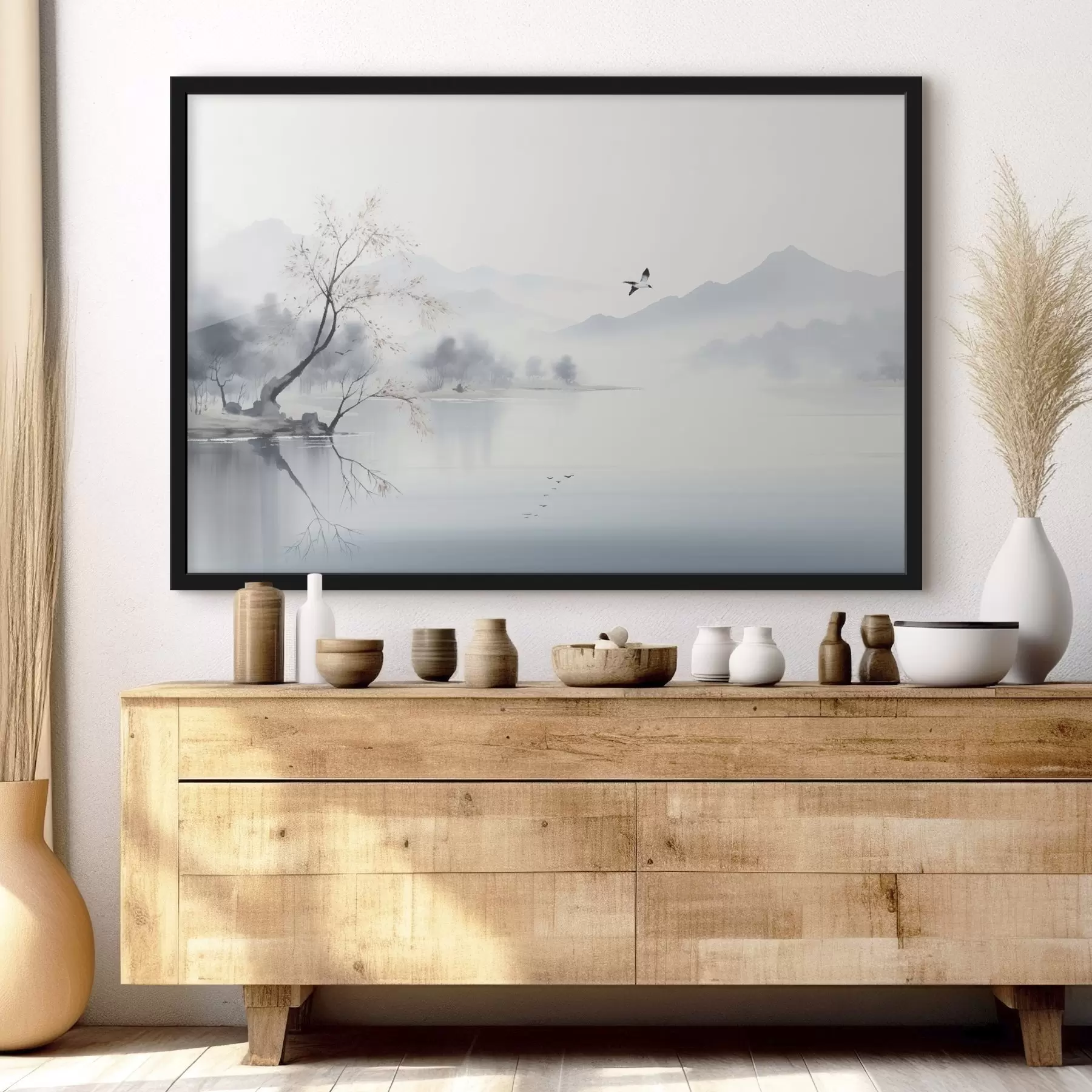 murales de pared Paisaje brumoso con un árbol, montañas y pájaros f45518