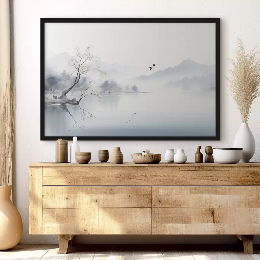 murales de pared Paisaje brumoso con un árbol, montañas y pájaros f45518