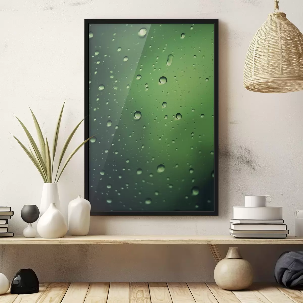Poster Primer plano de gotas de agua sobre cristal verde f45521