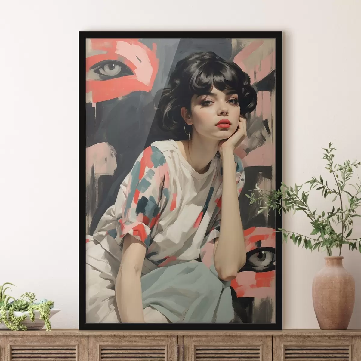 Poster Retrato de niña sobre fondo con ojos y trazos abstractos f45623