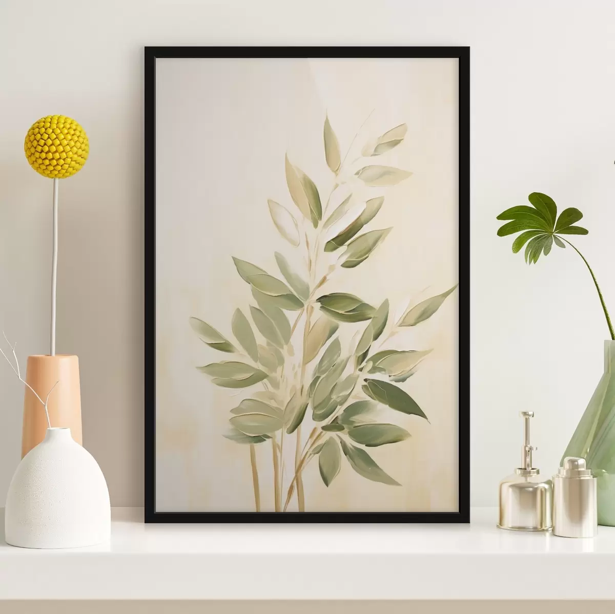 Poster Rama con hojas verdes sobre fondo beige claro f45689