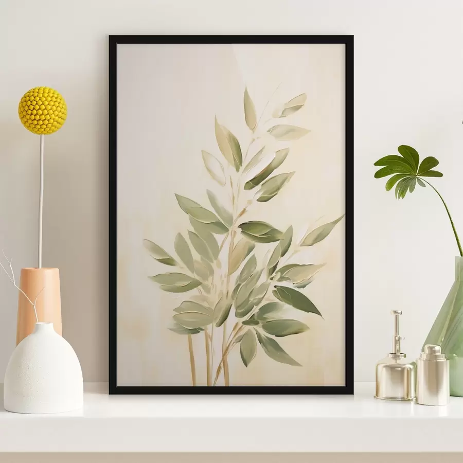 murales de pared Rama con hojas verdes sobre fondo beige claro f45689