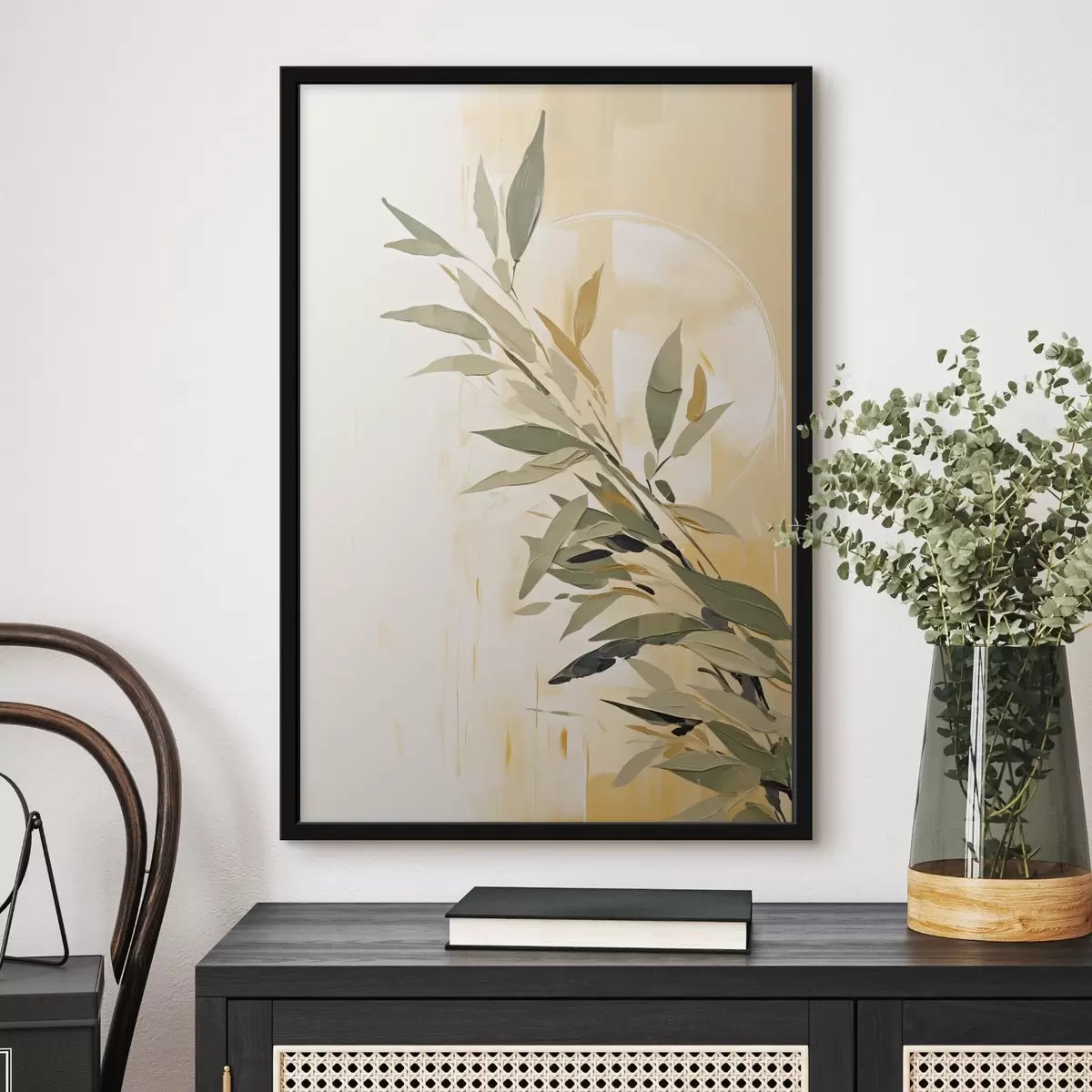 Poster Rama botánica con hojas verdes sobre fondo cálido f45690