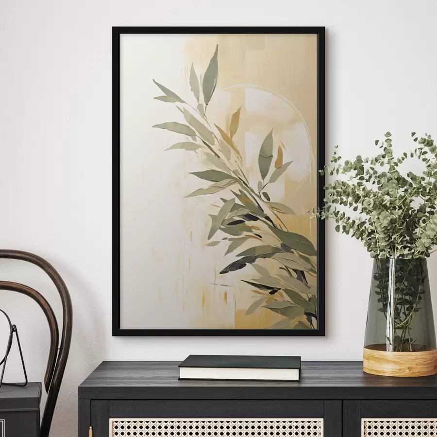 murales de pared Rama botánica con hojas verdes sobre fondo cálido f45690