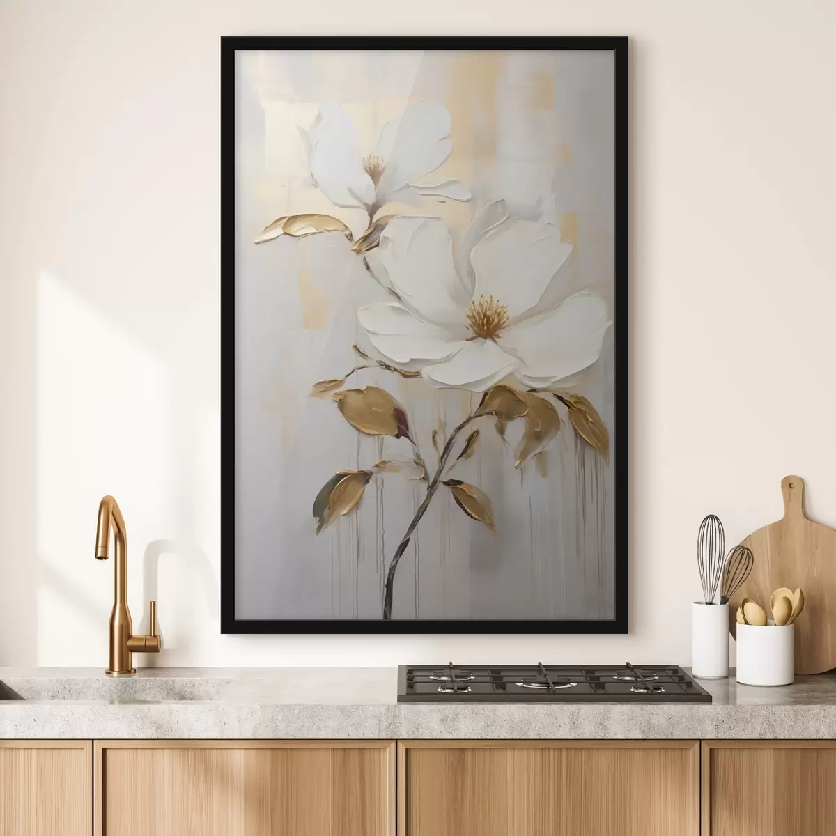 Poster Dos flores blancas con hojas amarillo-naranja sobre fondo claro f45691