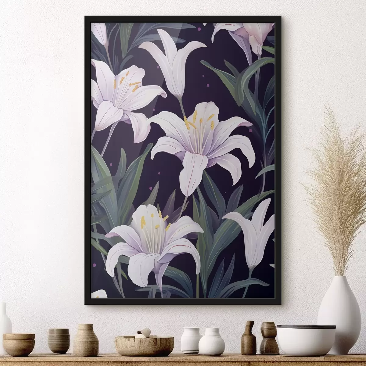 Poster Delicados lirios sobre fondo oscuro con hojas verdes f45697