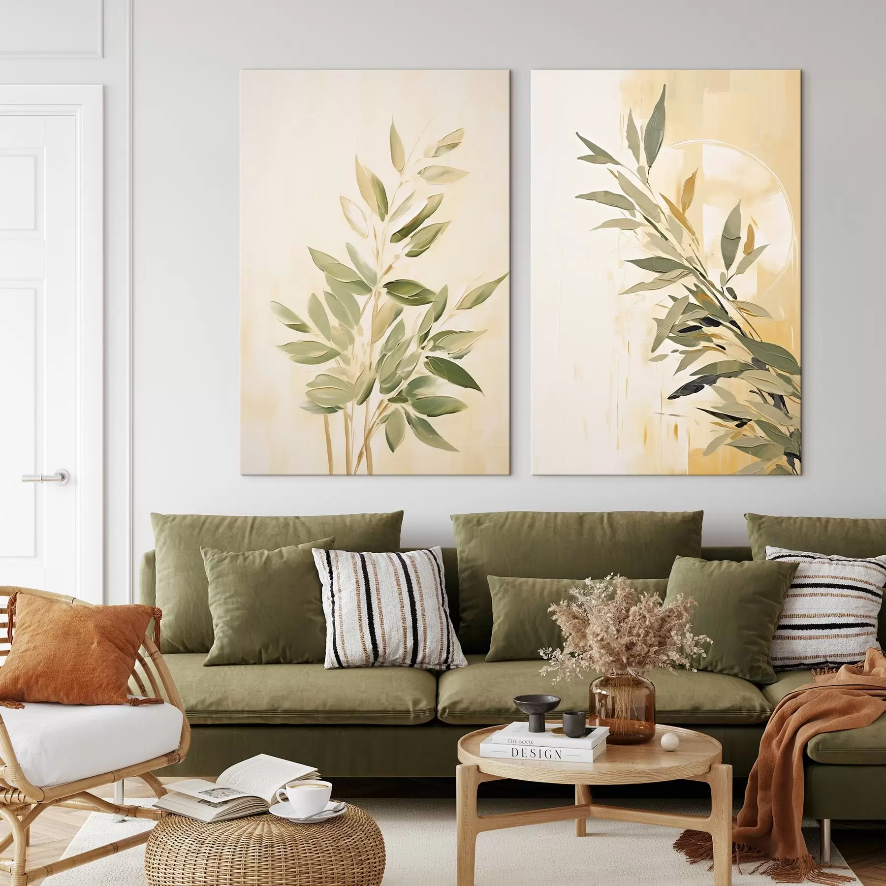 murales de pared Rama botánica con hojas verdes sobre fondo cálido m00686